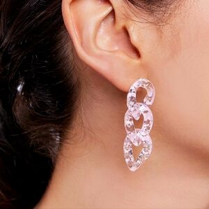 Acrylic Curb Chain Link Drop Dangle Earrings Speckled Pink Clear